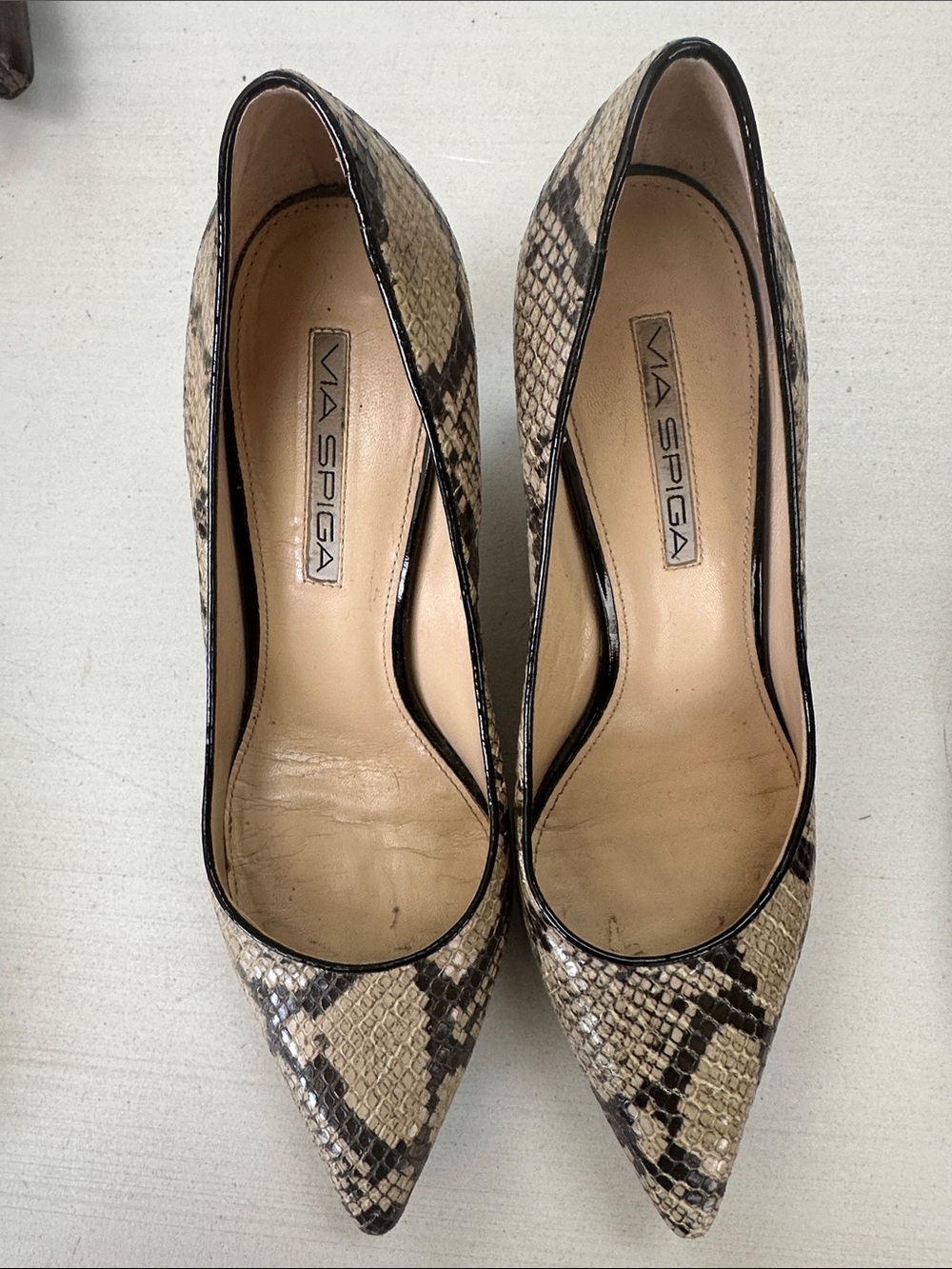 Via Spiga Snake-Print Pointed Toe Pumps - Beige and Black